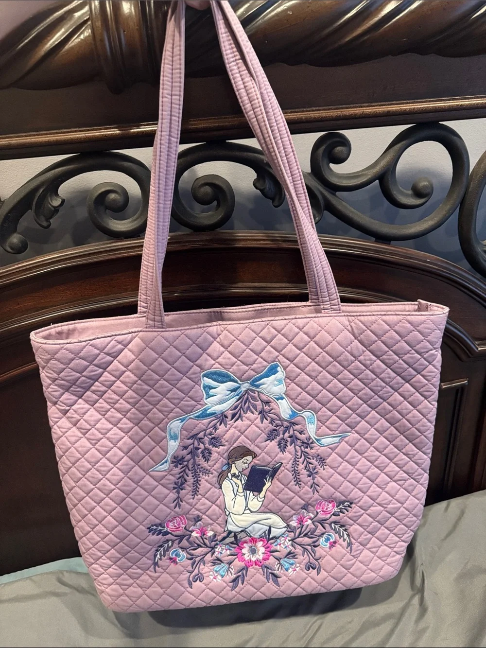 Vera Bradley Pink Quilted Floral Embroidered Tote with Blue Bow